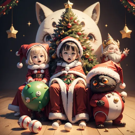 Comical and cute little monsters will be your friends.、.超A high resolution、An ultra-high picture quality、8K、Detailed details、marvelous expression、Many children are enjoying the party together、Santa Claus Costume、Christmas tree and party venue background、