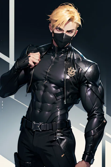 man, masculine man, blonde hair, muscular man, futuristic clothes, tight suit, black suit, military suit, charming, bare chest, bare chest, abs, black mask