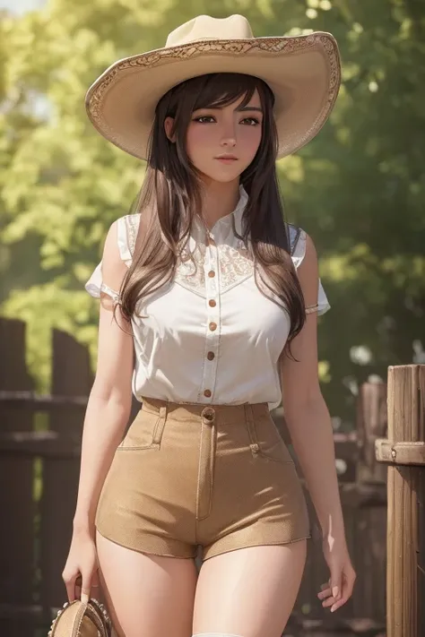 (best quality, high resolution, 8k, ultra-detailed, realistic:1.37), cowgirl, cowboy hat, denin shorts over beige tights