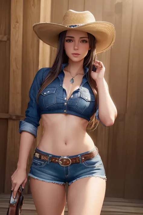 (best quality, high resolution, 8k, ultra-detailed, realistic:1.37), cowgirl, cowboy hat, indigo denin shorts, shiny tights