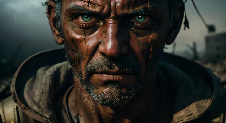 RAW photo, post-apocalyptic, close-up portrait photo of a SCARY MAN, eyes that have seen too much, battle-worn, intense color, (highly specific skin: 1.2), 8k uhd, dslr, soft lighting, high quality, grain film, Fujifilm XT3