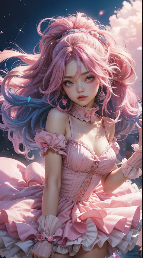 Pink Princess, (Pink-Blue hair), ((big hair)), double eyelid, slender figure, cute expression, perfect skin, (fluffy), pink eyes, (fluffy Particles:1.2), (cute clothing)