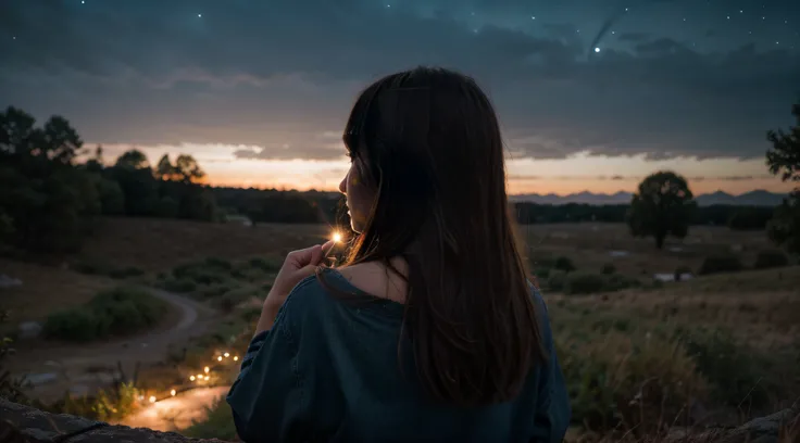 Photograph of a beautiful girl, from behind, open ground, night sky, star gazing, twinkling beautiful stars, zoomed out shot, long brown hair, photorealistic, photography, Phone camera, natural lighting, High resolution, Extremely detailed, realistic light...