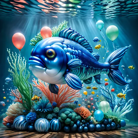 tmasterpiece, Best quality, (The is very detailed的 CG unified 8k 壁纸), (Best quality), (Best Best Illustration), (The best shadow), Balloon themed ocean，Incorporate natural elements. tall balloon mangrove, Abundant balloon marine plants, (((Sunfish made of ...