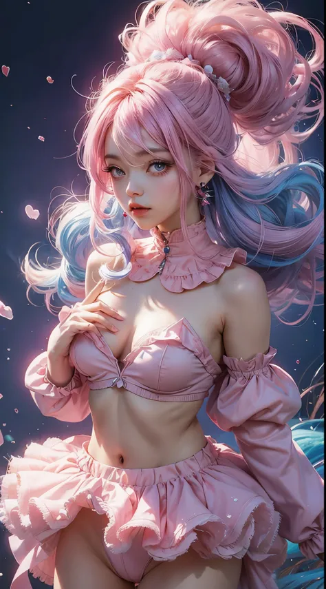 Pink Princess, (Pink-Blue hair), ((big hair)), double eyelid, slender figure, cute expression, perfect skin, (fluffy), pink eyes, (fluffy Particles:1.2), (cute clothing), (NSFW:1.1)