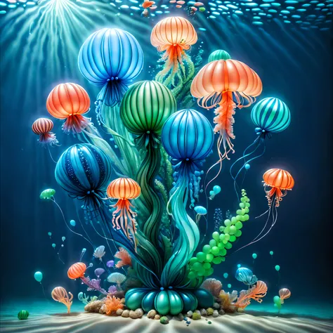 tmasterpiece, Best quality, (The is very detailed的 CG unified 8k 壁纸), (Best quality), (Best Best Illustration), (The best shadow), Balloon themed ocean，Incorporate natural elements. tall balloon mangrove, Abundant balloon marine plants, Glowing jellyfish m...