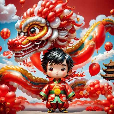 ((1 cute and festive balloon chinese dragon and a balloon boy, wearing traditional chinese clothes made of balloons, ue5, firecr...