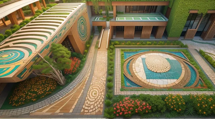 afofuturism，Tribal style villa，external garden, tribal sculpture、mosaic stone road,the sunset,