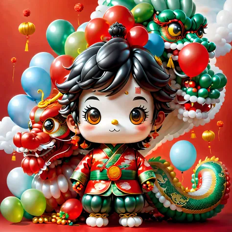 ((1 cute and festive balloon Chinese dragon and a balloon boy, Wearing traditional Chinese clothes made of balloons, UE5, firecrackers, Auspicious clouds, fundo vermelho)), Cute and detailed digital art, lovely digital painting, Cute balloon penguin, Lovel...