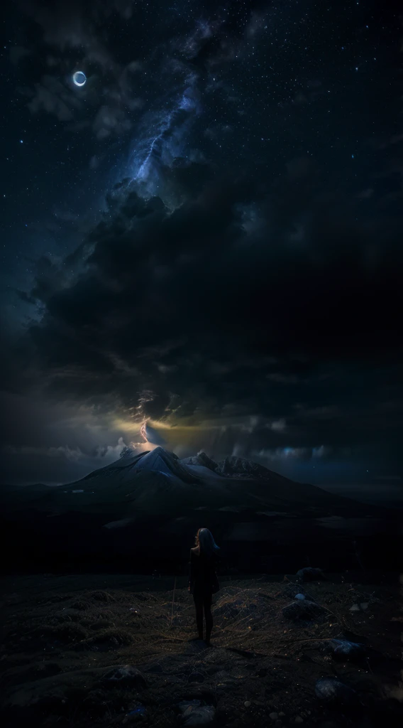 A girl standing alone at a mountain, starry night sky, milky way, cloudy , smokey, backlight, bright moon light, dusky, futuristic look, futuristic color.