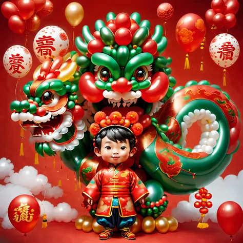 ((1 cute and festive balloon chinese dragon and a balloon boy, wearing traditional chinese clothes made of balloons, ue5, firecr...