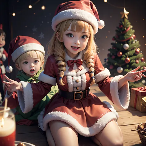 Comical and cute little monsters will be your friends.、.超A high resolution、An ultra-high picture quality、8K、Detailed details、marvelous expression、Many children are enjoying the party together、Santa Claus Costume、Christmas tree and party venue background、