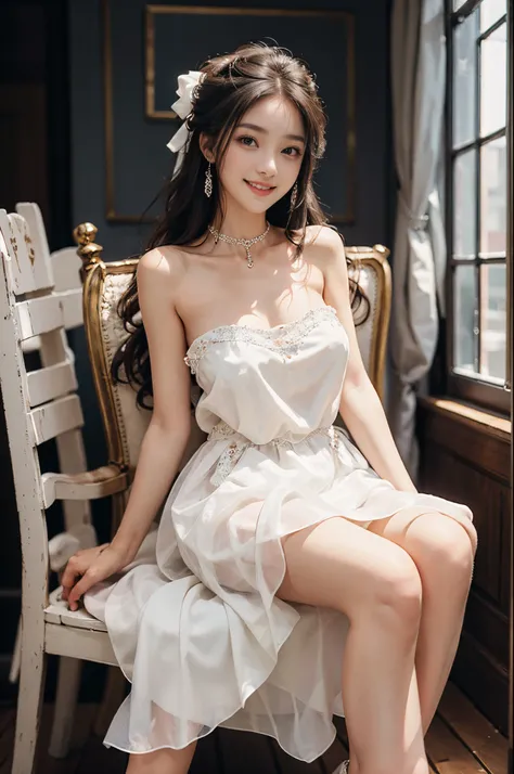 Sweet girl clothes4,strapless dress,jewelry,(knee shot),Pretty girl, young female model, Sweet maiden, inside in room, sit on chair, deck chair, Cross ed leg, tmasterpiece, best qualtiy, Extremely detailed description, Ultra-fine painting, delicated face, ...