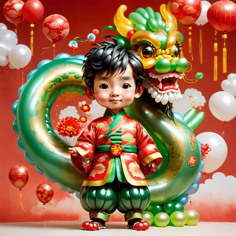 ((1 cute and festive balloon Chinese dragon and a balloon boy, Wearing traditional Chinese clothes made of balloons, UE5, firecrackers, Auspicious clouds, fundo vermelho)), Cute and detailed digital art, lovely digital painting, Cute balloon penguin, Lovel...