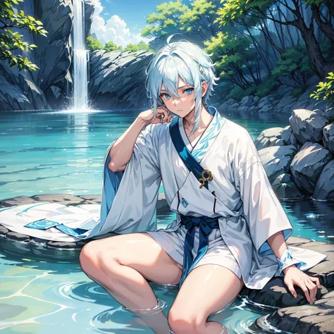 Anime cute boy, Calm and gentle face,Albino,white and blue fluffy and short flowy hair,Sky blue eyes, with white and gold flowing accessories...sitting in a rock with bonsai or water fall HD 4k High quality