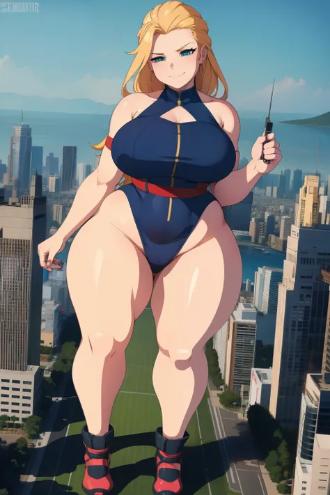 GTS, giantess, curvy, busty, smirk, evil, thick thighs, walking, aerial view