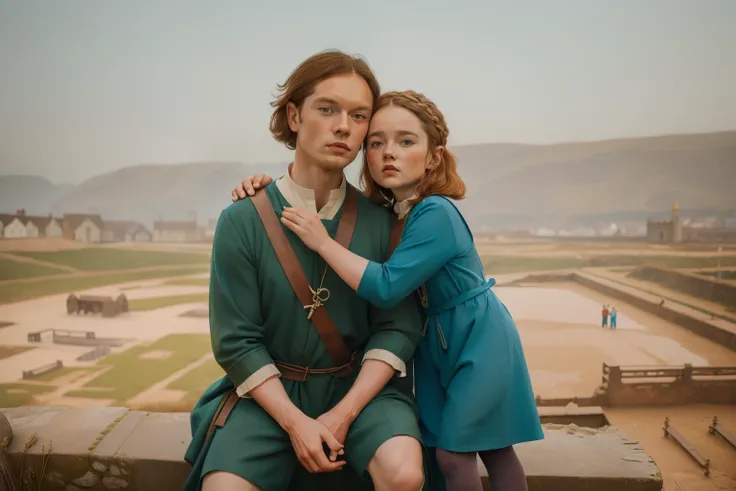 1135, England. scene with an otherworldly outdoors construction site, 36-year-old Sam Heughan, hugging a little girl, look of relief, ((((clothing from the 12th century, tunic and hose)))), ((Hairstyle of the 12th century)), ((Wes Anderson cinematic style)...