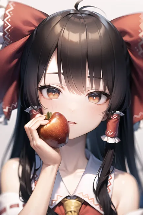 (masterpiece), best quality, expressive eyes, perfect face, hakurei reimu, apple in hand, japanese shine exterior