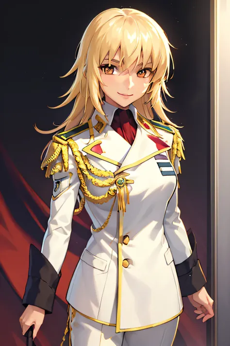 masterpiece, best quality, 1girl, cagalli, blonde hair, brown eyes, commander, epaulettes, military uniform, smile, solo, upper ...