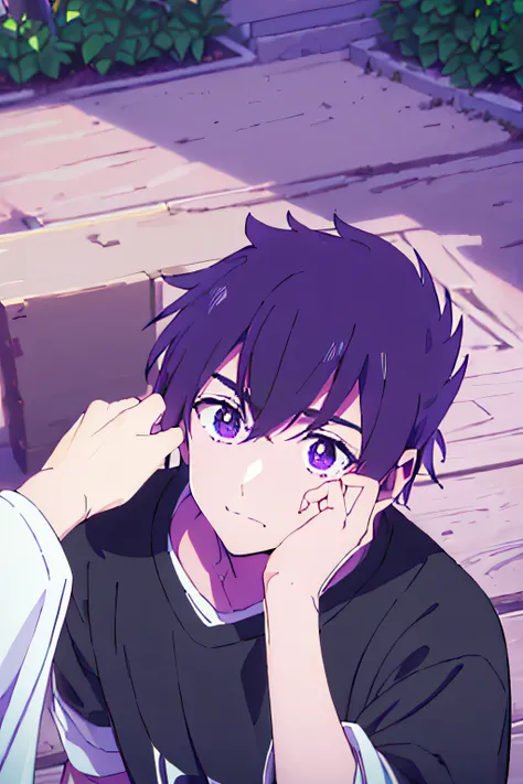 (realistically:1.4), Best quality, tmasterpiece, 超高分辨率, 1 boy, (Detailed faces:1.2), (詳細な目:1.2), (Detailed purple hair:1.2), (Sophisticated black sweatshirt:1.2), 4K, male people, (Heteropupil)