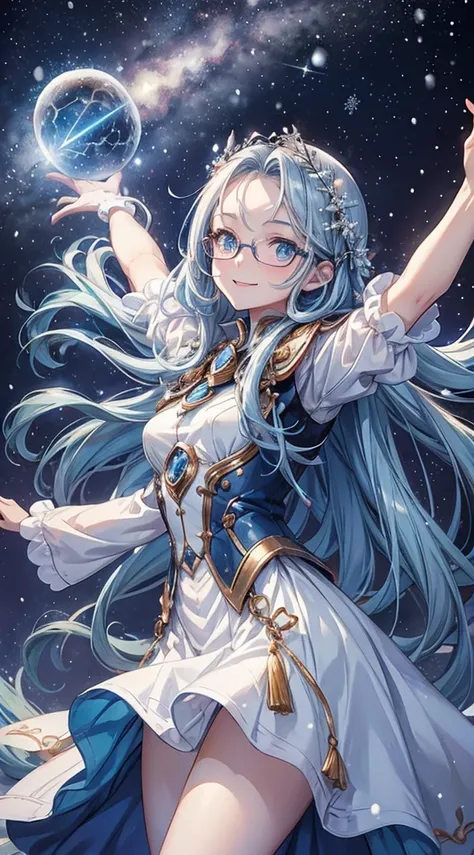 masterpiece, (its snowing), 1 forehead:0.5, blue long hair girl, blue eyes:1.4, glasses, sexsy smile, in a white cute, open arms, looking up to sky, background is Meteor, in the night sky, beautiful detailed grow, happy.