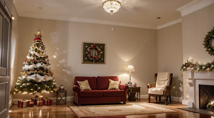 In the center of the spacious room, an elegant and spacious office is decorated with festive elements that radiate Christmas cheer. A mesa de trabalho, em madeira escura e polida, is adorned with an arrangement of small LED lights that form a luminous garl...