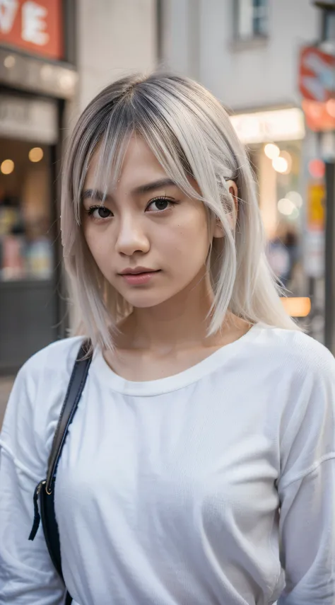 Plano detalle, Young woman of 20 years, asian girl, asian factions, French Bob style hair, dyed white hair, ojos azules, Looking at the camera, retrato fotorrealista, enorme detalle, piel blanca, ropa oscura, cara ultradetallada, estilo de imagen hiperreal...