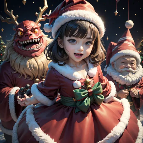 Comical monsters become friends.、.超A high resolution、An ultra-high picture quality、8K、Detailed details、marvelous expression、children are enjoying the party together、Santa Claus Costume、Party background with christmas tree、