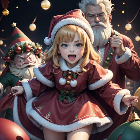 Comical monsters become friends.、.超A high resolution、An ultra-high picture quality、8K、Detailed details、marvelous expression、children are enjoying the party together、Santa Claus Costume、Party background with christmas tree、