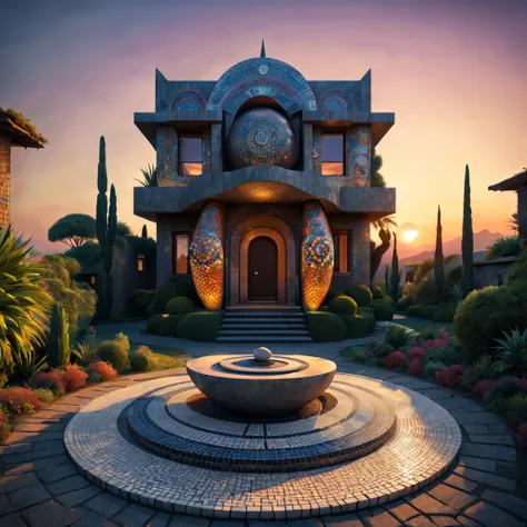 afofuturism, Tribal style villa, external garden, Mosaic tribal sculpture, Stone road, the sunset, Surrealism, Futurism, Hyperrealism, Art Deco, Conceptual art, Cubist Futurism, chiaroscuro, ray tracing, mosaic art, wide shot, best quality, highres, award ...