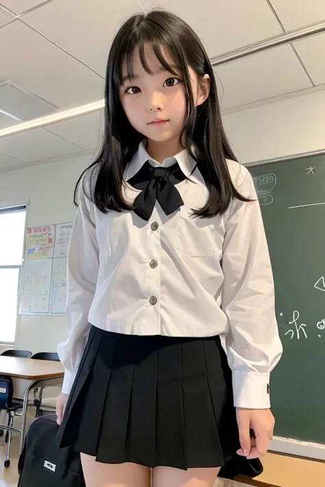 A 10-year-old elementary school girl with long black hair wearing a school uniform who lifts up her skirt to reveal white panties.