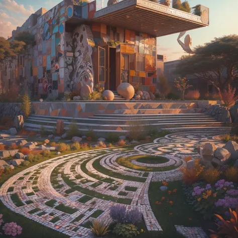 afofuturism, Tribal style villa, external garden, Mosaic tribal sculpture, Stone road, the sunset, Surrealism, Futurism, Hyperrealism, Art Deco, Conceptual art, Cubist Futurism, chiaroscuro, ray tracing, mosaic art, wide shot, best quality, highres, award ...