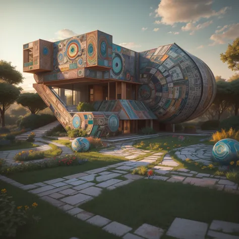 afofuturism, Tribal style villa, external garden, Mosaic tribal sculpture, Stone road, the sunset, Surrealism, Futurism, Hyperrealism, Art Deco, Conceptual art, Cubist Futurism, chiaroscuro, ray tracing, mosaic art, wide shot, best quality, highres, award ...