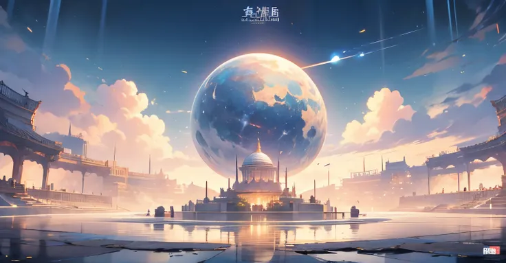 writer;Battlefield;Arena built on a small island floating in a lake、Huge building、circular coliseum、Essay Exam、lined with pen-shaped pillars、dynamic compositions、Buildings only、in a panoramic view、（balance of fate）、A place where writers compete、Blue sky、i ...