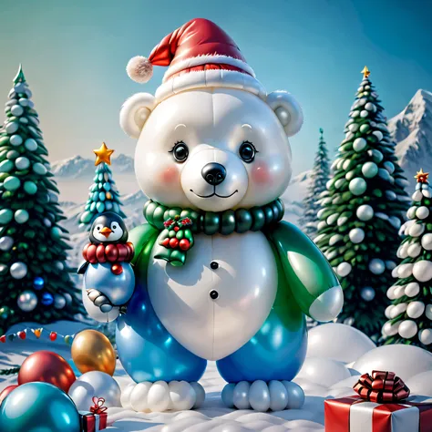 ((Christmas polar bear made of balloons and little penguin made of balloons, Wearing a Christmas hat made of balloons)), , ((Christmas background, Christmas tree made of balloons, gifts,))， Cute and detailed digital art, lovely digital painting, Cute ballo...