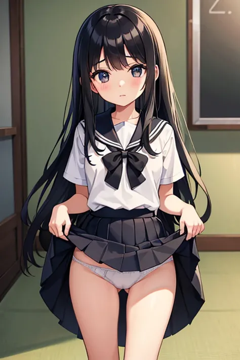 A 10-year-old elementary school girl with long black hair wearing a school uniform who lifts up her skirt to reveal white panties.