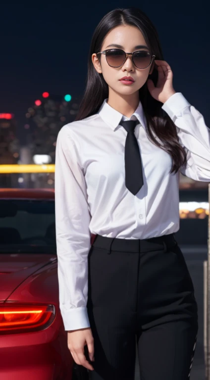 (masutepiece:1.2, Best Quality), 8K,Sharp Focus, One cool adult woman posing in sports car, long and untidy hair, Wearing sunglasses, Wearing a black suit with a white shirt and tie,Dynamic Pose, Night city background with beautiful lighting