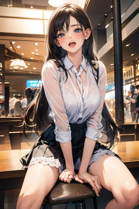 a women, proportions of body parts, skirt, (see through thin blouse), (lace bra detail is visible), tablet, (straddling to touch her crotch on exposed pole), open mouth, open legs, raise leg, ecstasy face, blush masturbation, in the mall,