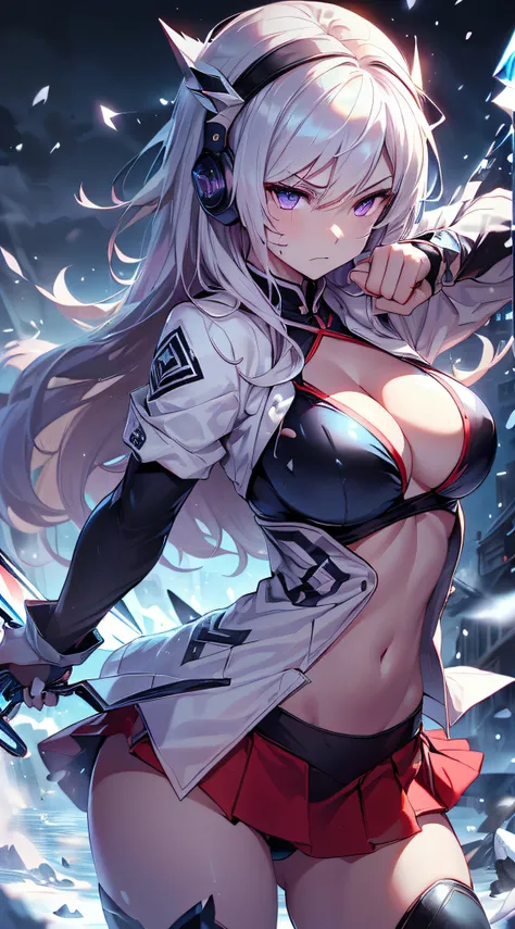 top-quality、Top image quality、​masterpiece、girl with((Red short skirt、Black Bikini、White jacket、glowing mechanic suit、18year old、teen ager、cute little、Best Bust、big bast,Beautiful shining purple eyes、Breasts wide open, a blond、Longhaire、A slender,Large val...