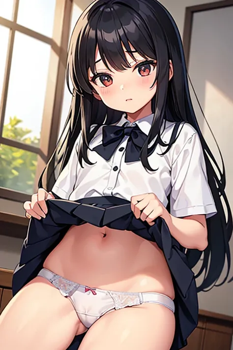 A 10-year-old elementary school girl with long black hair wearing a school uniform who lifts up her skirt to reveal white panties.