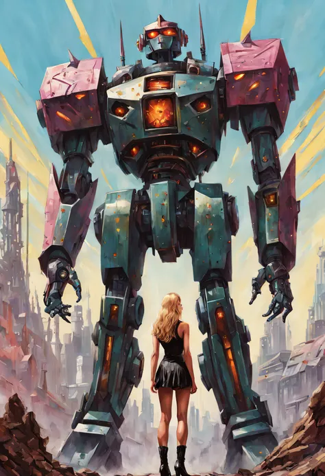 There was a woman standing in front of a giant robot, Inspired by Ken Kelly, epic album cover, Imogen Poots as Paladin, Ralph Horsley (Ralph Horsley) of bright colors, mighty princess of the wasteland, Skynet, intricate biopunk patterns, Queen of Warriors,...