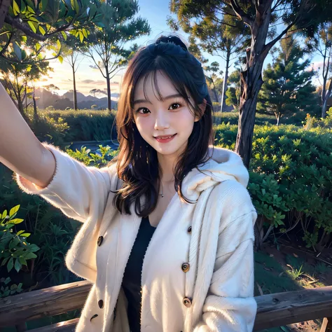 selfie, (Photoreal: 1.4), (Image enhancement: 1.4), ( Top quality real skins: 1.4), 20-year-old, asian girl, dressed warmly, australian forest scene, smile, standing, night time, close up, hands hidden, selfie