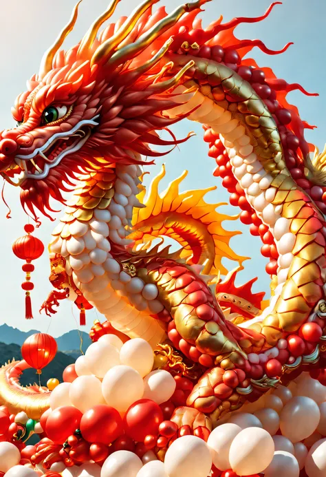baronzi, (Chinese dragon made from balloons, Red and gold Chinese dragon, Fly in the sky), (Chinese New Year), extreamly cute,holiday holidays, ((firecrackers)), (((Cute child holding Chinese dragon balloon))),fundo vermelho
