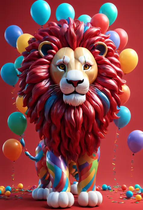 （balloon art design），（Balloon animal design），（Lion made from many colorful balloons）, Super detailed lion texture，Clear public areas，Complex and gorgeous CG style, hyper detailed 3d render,, c4d, Rendered by Octane, Blander, 8K, k hd，com mascot，Holographic...