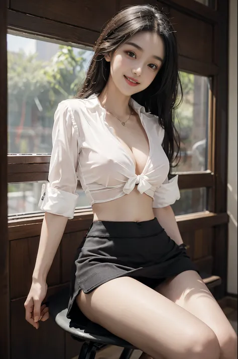 blouse,mini skirt, mini shirt,navel,(knee shot),Pretty girl, young female model, Sweet maiden, inside in room, sit on chair, deck chair, Cross ed leg, tmasterpiece, best qualtiy, Extremely detailed description, Ultra-fine painting, delicated face, slim ton...