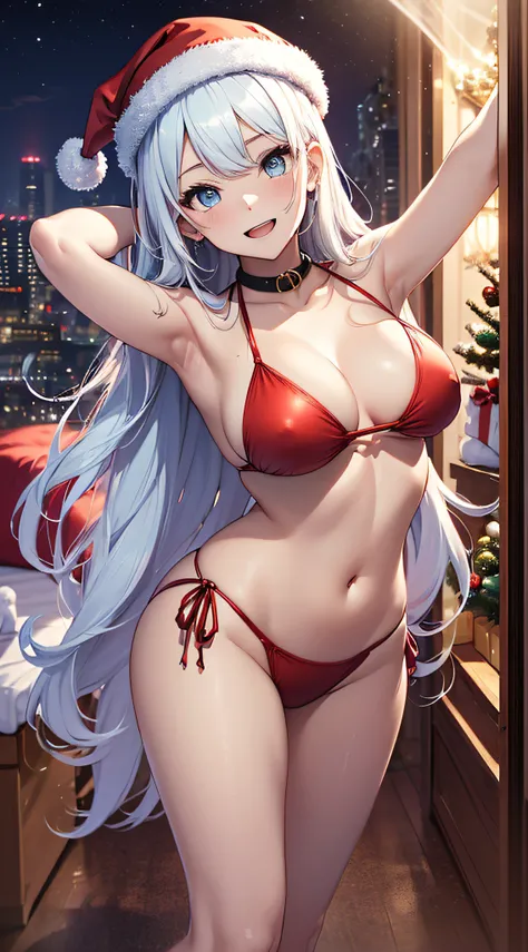 top-quality、Top image quality、​masterpiece、teens girl((red santa bikini costume、18year old、teen ager、Best Bust、big bast,Beautiful light blue eyes、Breasts wide open, a blond、A slender,Large valleys、dye ones cheeks red、Leaning forward、White breath、Reflecting...