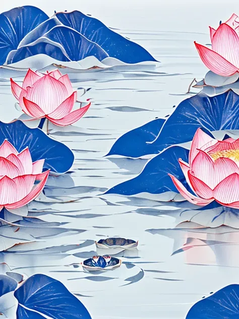 An ink painting，On the screen is a Morandi-colored lotus flower，There are two lotus seeds on the petals