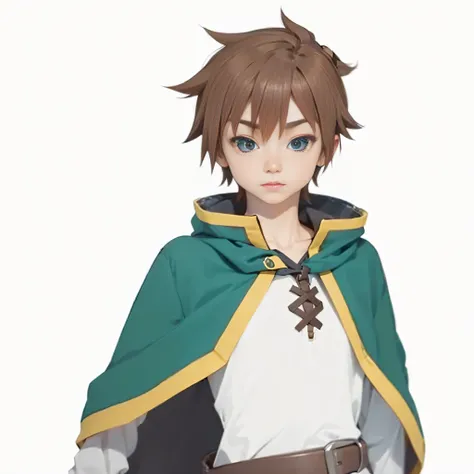 Photorealsitic photo of Kazuma from the show Konosuba, brown hair, green eyes, wearing short green robe, has a laced white T shirt, wears a brow belt, looking at the camera, Surrealism, Realism, cinematic lighting, cinematic lighting, UHD, retina, masterpi...