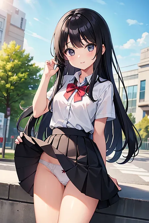 A 10-year-old elementary school girl with long black hair wearing a school uniform who lifts up her skirt to reveal white panties.