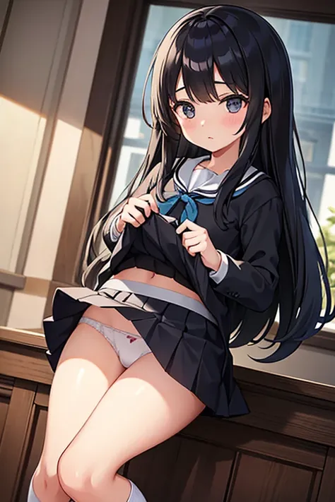 A 10-year-old elementary school girl with long black hair wearing a school uniform who lifts up her skirt to reveal white panties.